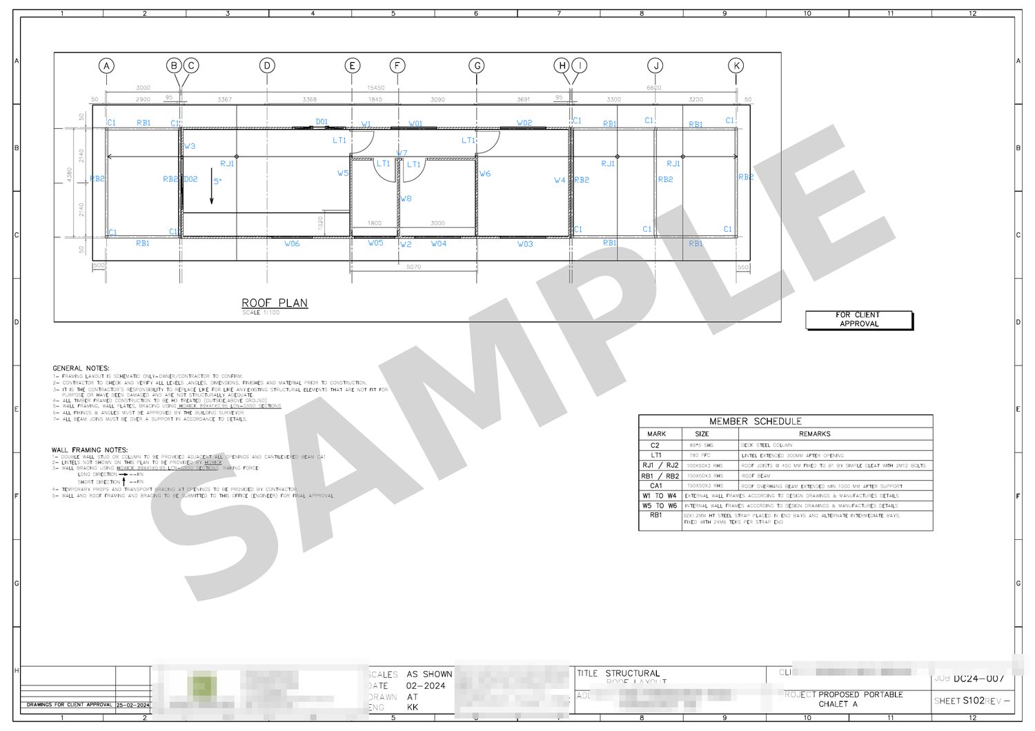 Sheet 3 — roof layout: roof framing plan with lintels, roof joists, wall framing notes, and member schedule.