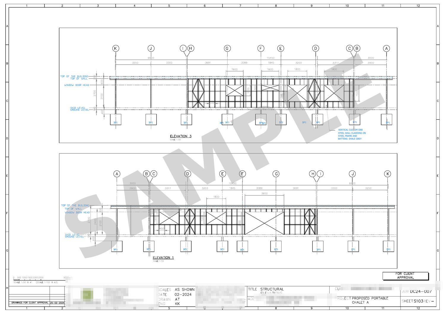Sheet 4 — elevations: two building elevations showing cold-formed steel wall framing, bracing, and footing levels.